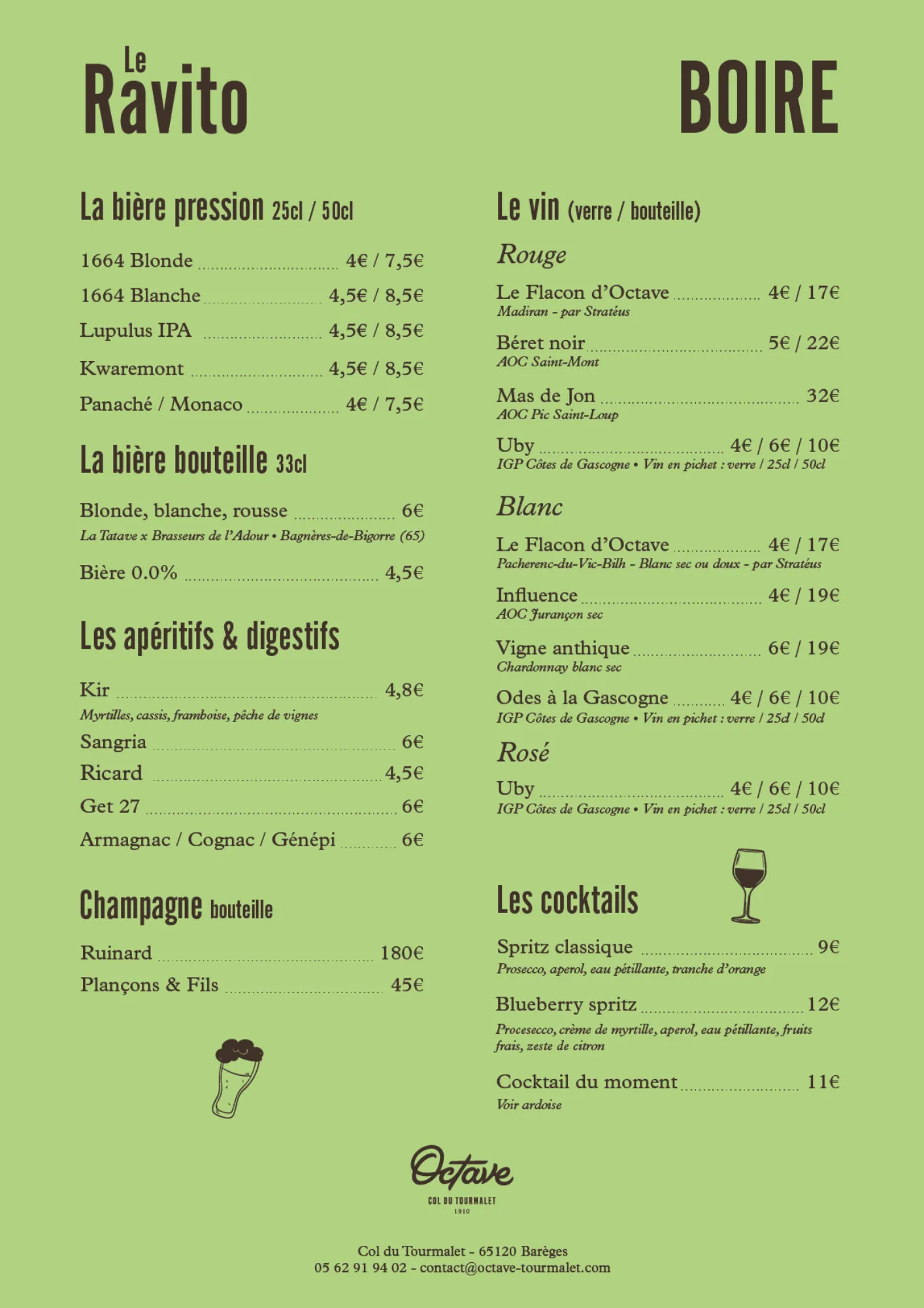 liquide 1 • carte café maison octave tourmalet Liquide • carte café restaurant octave maison du col début été 2025